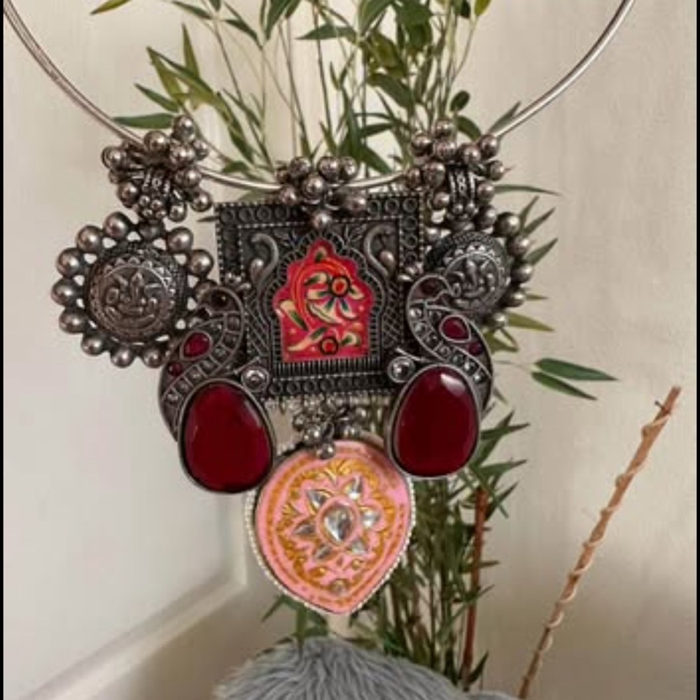 92.5 silver look alike Silver and Red Statement Necklace